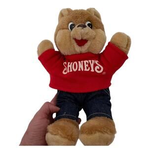 Vintage Shoneys Restaurant Bear Plush toy 10” Stuffed Animal Mascot Red Shirt